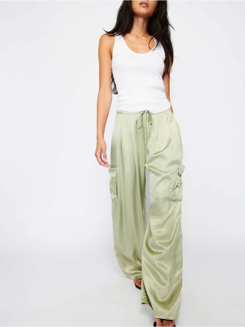 NWT Nation Los Angeles Romeo Pant Olive Oil Satin Cargo Wide Leg Pants Sold Out